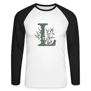 Buchstabe Vorname "L" khaki - Unisex Baseballshirt langarm - Weiß/Schwarz - Vorne - Nik (191cm)