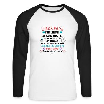 Annonce grossesse - Futur papa - Cadeau Papa -Père - T-shirt baseball manches longues Homme - blanc/noir - Devant - Nik (191cm)
