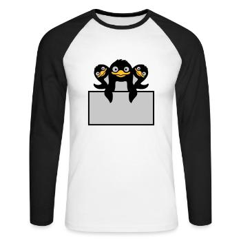 3 Pinguine hinter Schild - Unisex Baseballshirt langarm - Weiß/Schwarz - Vorne - Nik (191cm)