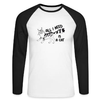Chat Maine Coon avec citation All I need is a cat - T-shirt baseball manches longues Homme - blanc/noir - Devant - Nik (191cm)