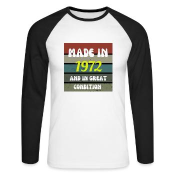 Made In 1972 Funny 50th Birthday Gifts - Unisex Long Sleeve Baseball T-Shirt - white/black - Front - Nik (191cm)