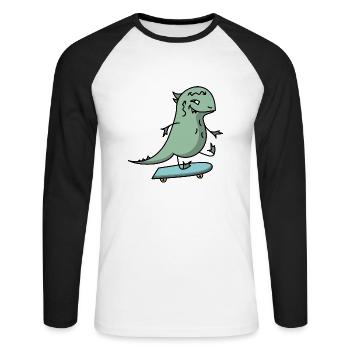Skateboard Dino - Unisex Baseballshirt langarm - Weiß/Schwarz - Vorne - Nik (191cm)
