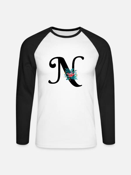 Buchstabe N geblümt - Unisex Baseballshirt langarm - Weiß/Schwarz