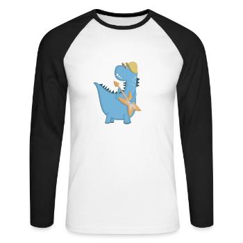 Dinosaure bleu rocker guitar electrique - T-shirt baseball manches longues Homme - blanc/noir - Devant - Nik (191cm)