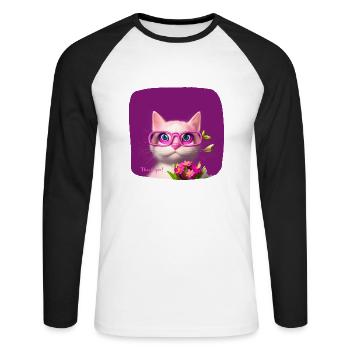 Chat dans des lunettes tendant des fleurs - T-shirt baseball manches longues Homme - blanc/noir - Devant - Nik (191cm)