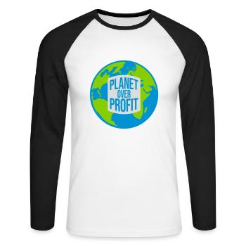 planet over profit Zitat - Unisex Baseballshirt langarm - Weiß/Schwarz - Vorne - Nik (191cm)