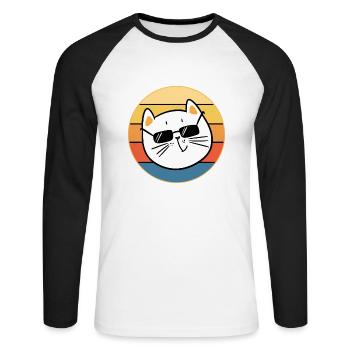 Drôle mignon Kawaii chat visage rétro coucher de soleil - T-shirt baseball manches longues Homme - blanc/noir - Devant - Nik (191cm)