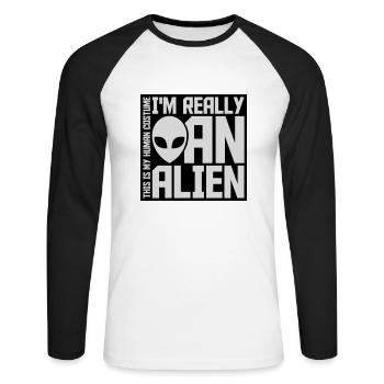 Citation extraterrestre de costume humain - T-shirt baseball manches longues Homme - blanc/noir - Devant - Nik (191cm)