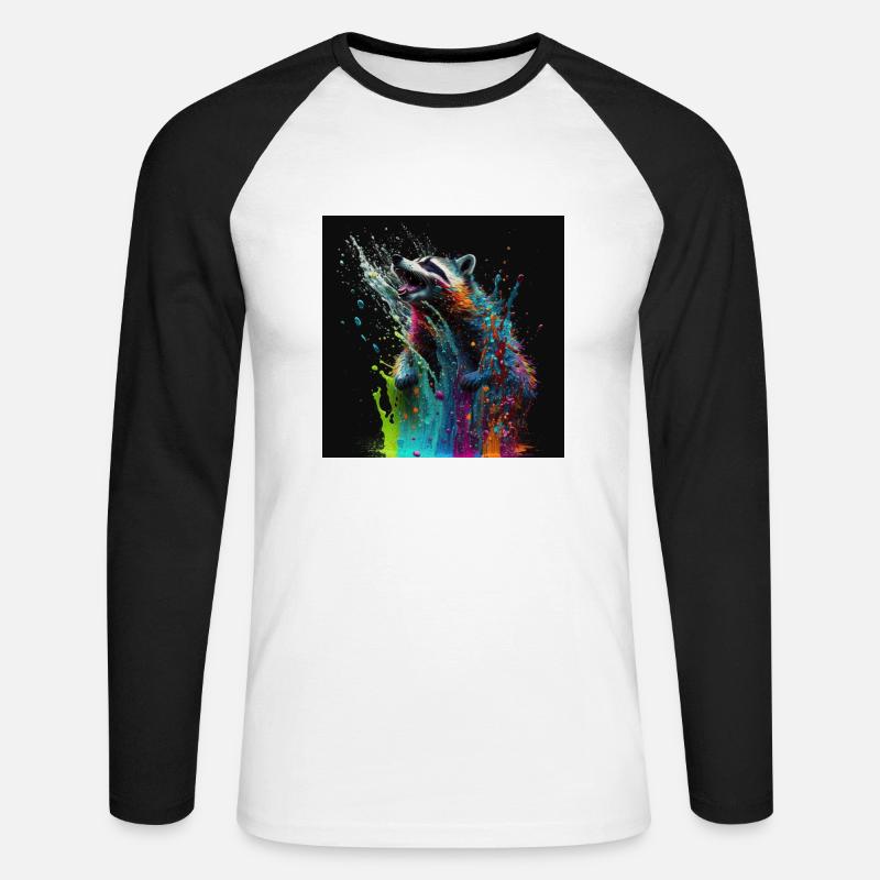 Farbiger Waschbär, einzigartiges Design - Unisex Baseballshirt langarm - Weiß/Schwarz