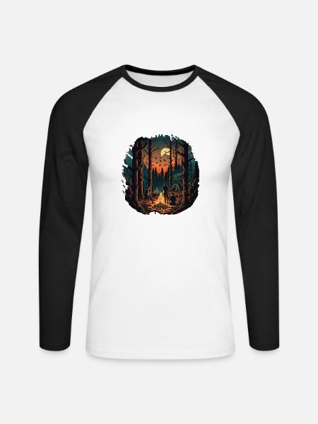 Lagerfeuer bei Nacht im Wald - Unisex Baseballshirt langarm - Weiß/Schwarz