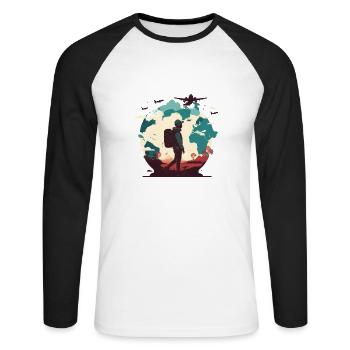 Wanderlust, planes in the sky and hikers - Unisex Long Sleeve Baseball T-Shirt - white/black - Front - Nik (191cm)