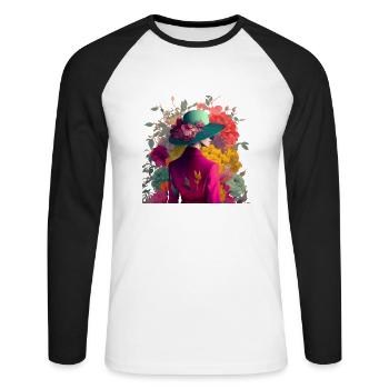 Model mit Hut und Blumen Geschenk - Unisex Baseballshirt langarm - Weiß/Schwarz - Vorne - Nik (191cm)