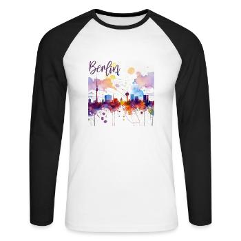 skyline berlin watercolor - Unisex Baseballshirt langarm - Weiß/Schwarz - Vorne - Nik (191cm)