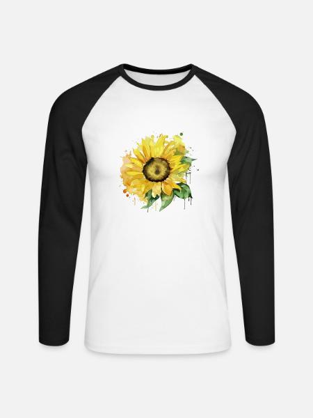 Handgezeichnete Aquarell Sonnenblume - Unisex Baseballshirt langarm - Weiß/Schwarz