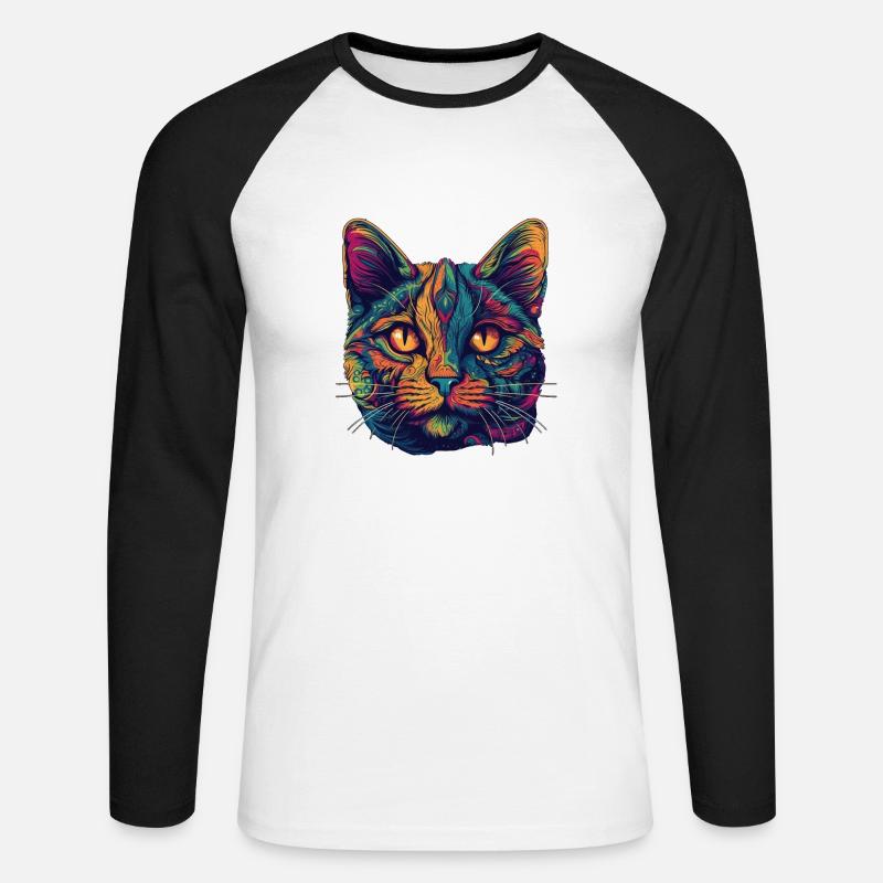 Psychedelisches Katzengesicht mit bunten Mustern - Unisex Baseballshirt langarm - Weiß/Schwarz