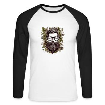 Illustration hipster encadrée de feuilles - T-shirt baseball manches longues Homme - blanc/noir - Devant - Nik (191cm)