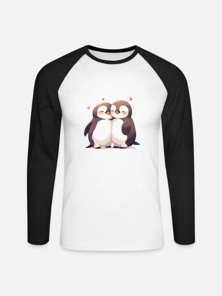 Pinguin Herz Liebe Süß Umarmung Pinguinliebe - Unisex Baseballshirt langarm - Weiß/Schwarz