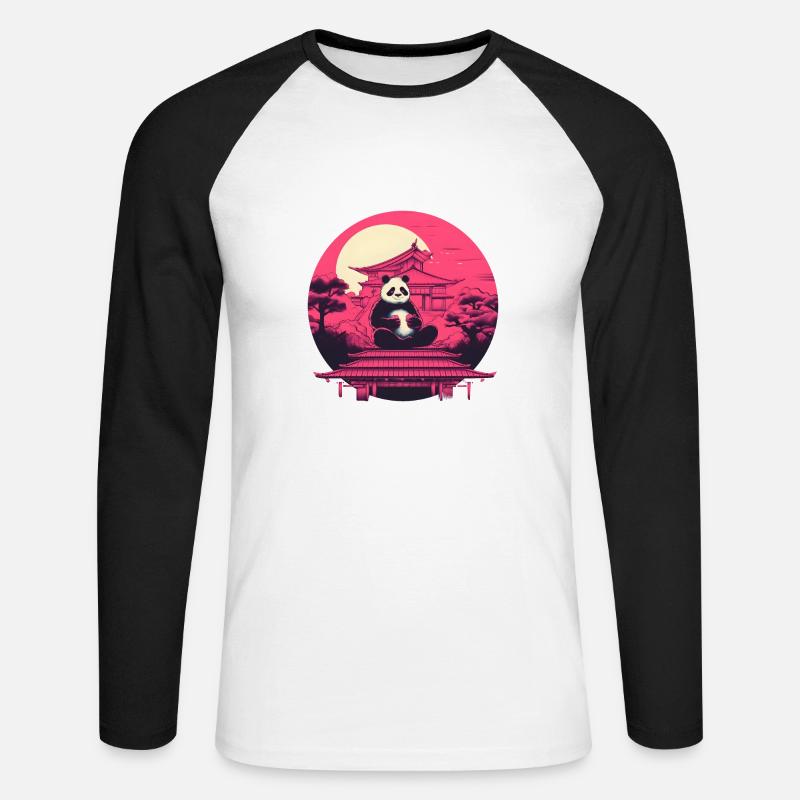 Synthwave eating Panda Japan Sunset - Unisex Baseballshirt langarm - Weiß/Schwarz