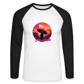 Synthwave japan Cat with umbrella - Unisex Baseballshirt langarm - Weiß/Schwarz - Vorne - Nik (191cm)