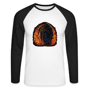 Neon - Buddha - Meditation in Flames - pos - Unisex Baseballshirt langarm - Weiß/Schwarz - Vorne - Nik (191cm)