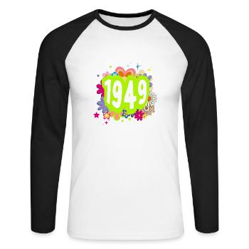 Année 1949 anniversaire Groovy floral - T-shirt baseball manches longues Homme - blanc/noir - Devant - Nik (191cm)