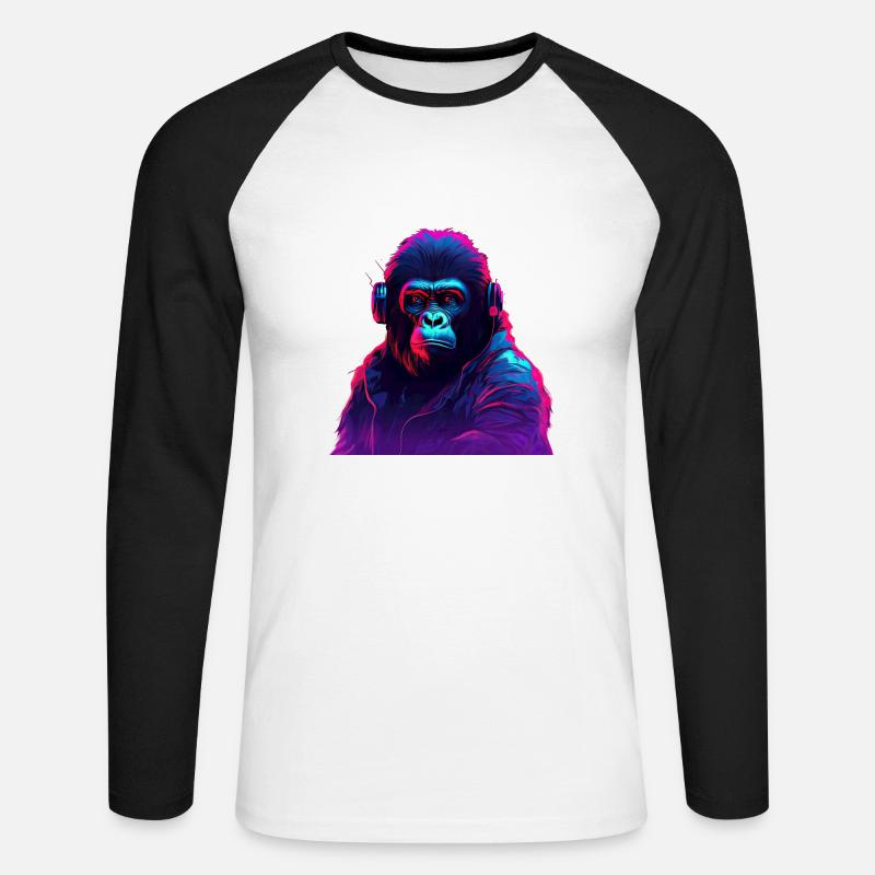 Synthwave-Neon-Beats eines Gorillas - Unisex Baseballshirt langarm - Weiß/Schwarz