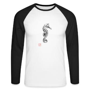 Seepferdchen - Unisex Baseballshirt langarm - Weiß/Schwarz - Vorne - Nik (191cm)