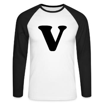 Buchstabe v - Unisex Baseballshirt langarm - Weiß/Schwarz - Vorne - Nik (191cm)