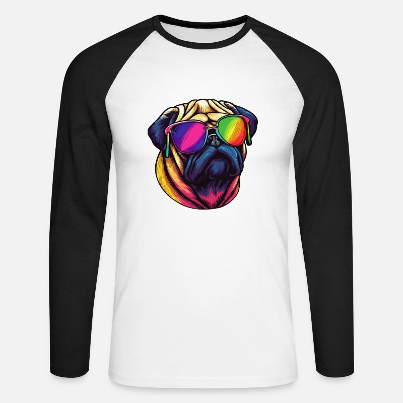 Mops Hund mit bunter Sonnenbrille - Unisex Baseballshirt langarm - Weiß/Schwarz