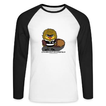 LA NAISSANCE D'UN RUGBYMAN ! - T-shirt baseball manches longues Homme - blanc/noir - Devant - Nik (191cm)