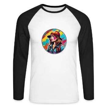 Archäologin / Expetition / Abenteuer / Entdeckerin - Unisex Baseballshirt langarm - Weiß/Schwarz - Vorne - Nik (191cm)