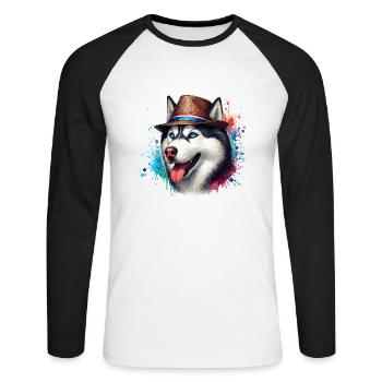 Tête de husky avec chapeau - T-shirt baseball manches longues Homme - blanc/noir - Devant - Nik (191cm)