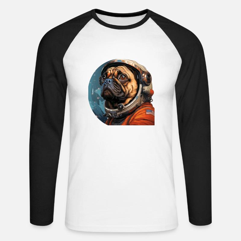 Mops Austronaut - Unisex Baseballshirt langarm - Weiß/Schwarz
