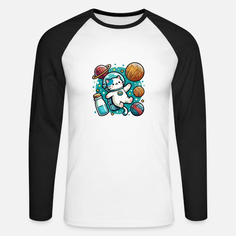Sød astronaut Space Kitty midt i garnplaneter - Langærmet herre-baseballshirt - hvid/sort
