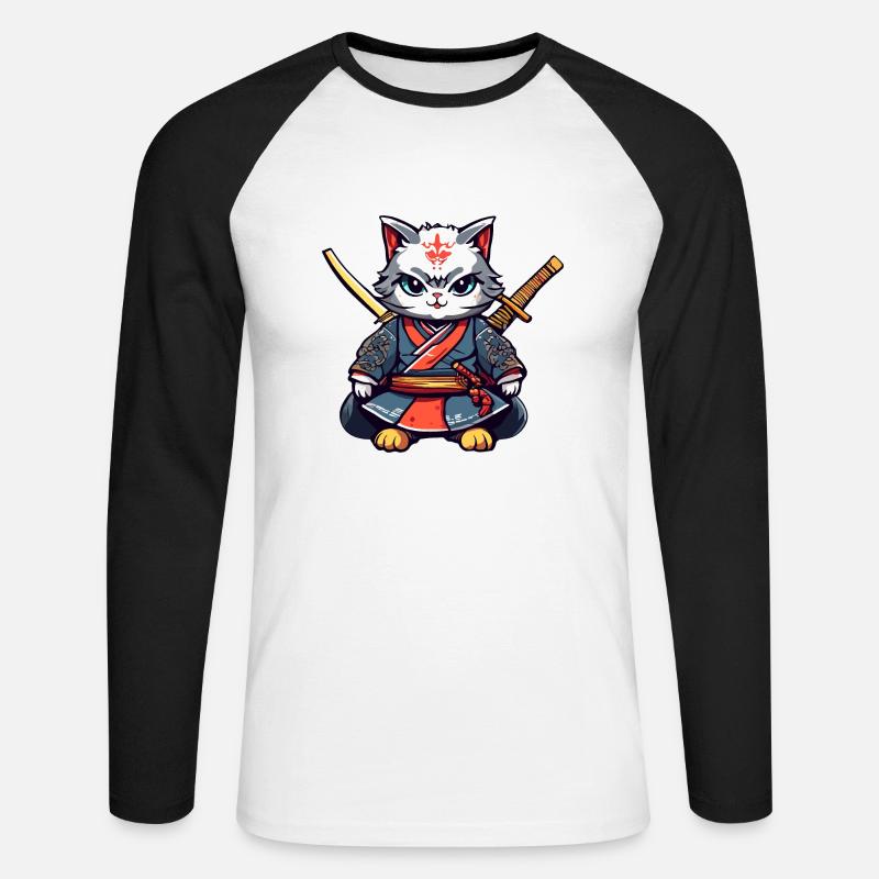 Samurai-Katze #40 - Unisex Baseballshirt langarm - Weiß/Schwarz