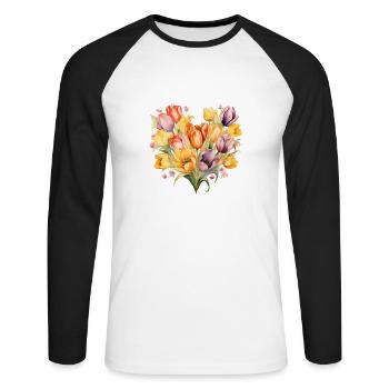 Tulpenherz-Strauß - Unisex Baseballshirt langarm - Weiß/Schwarz - Vorne - Nik (191cm)