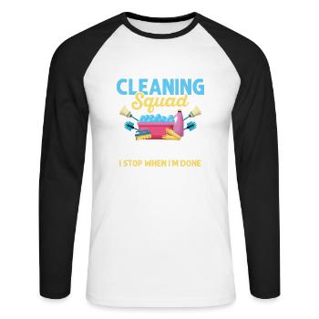 Équipe de nettoyage Je n’arrête pas le nettoyeur d’entretien ménager - T-shirt baseball manches longues Homme - blanc/noir - Devant - Nik (191cm)