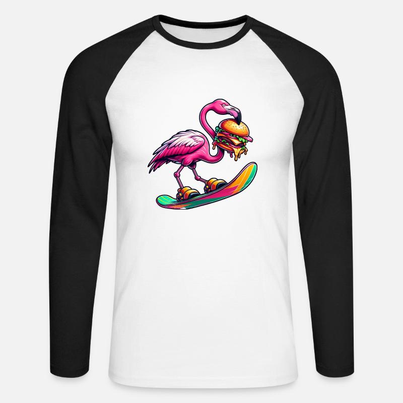 Flamingo Snowboarder mit Burger - Unisex Baseballshirt langarm - Weiß/Schwarz