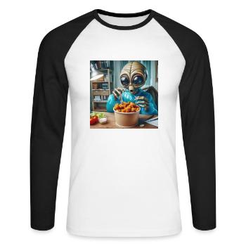 Alien découvre de délicieuses ailes de poulet - T-shirt baseball manches longues Homme - blanc/noir - Devant - Nik (191cm)