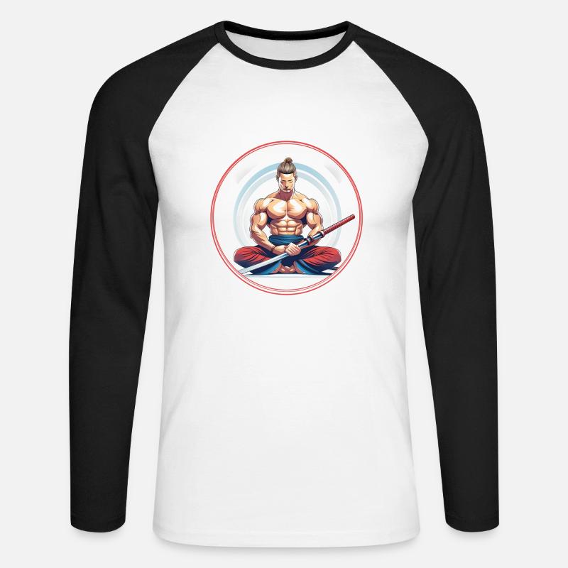 Meditierender Samurai mit Katana - Unisex Baseballshirt langarm - Weiß/Schwarz