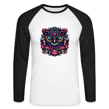 Psychedelische Eule - Unisex Baseballshirt langarm - Weiß/Schwarz - Vorne - Nik (191cm)