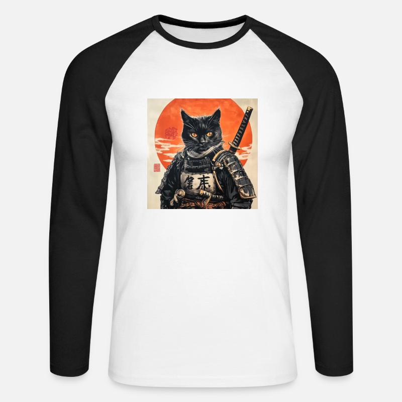 Katze Samurai Japan Ukiyo-E - Unisex Baseballshirt langarm - Weiß/Schwarz