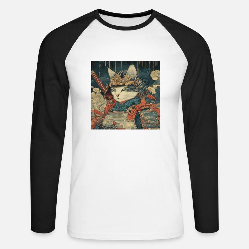 Katze Samurai Japan Ukiyo-E - Unisex Baseballshirt langarm - Weiß/Schwarz