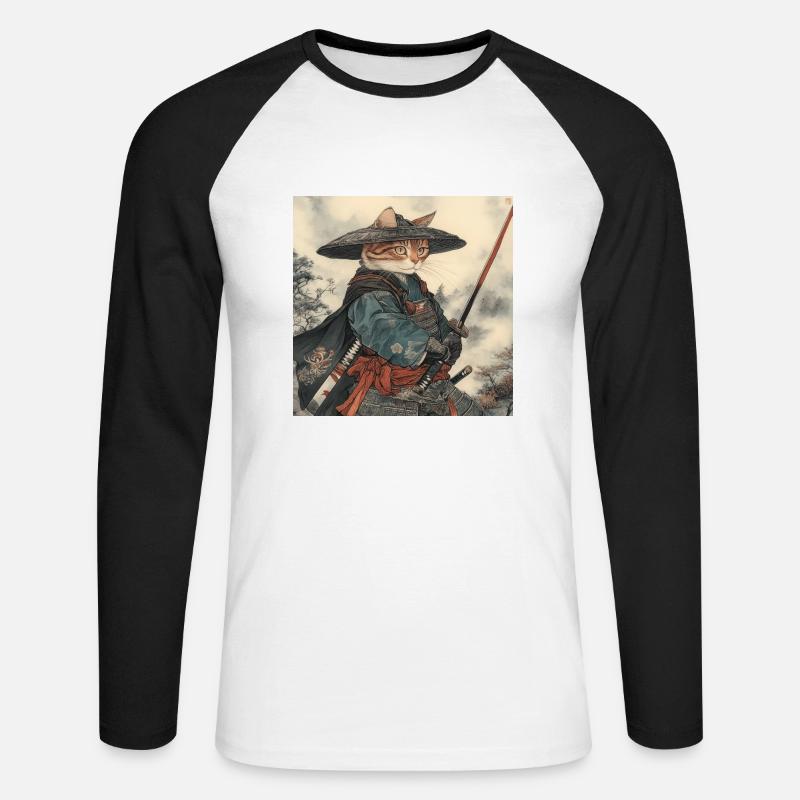 Katze Samurai Japan Ukiyo-E - Unisex Baseballshirt langarm - Weiß/Schwarz