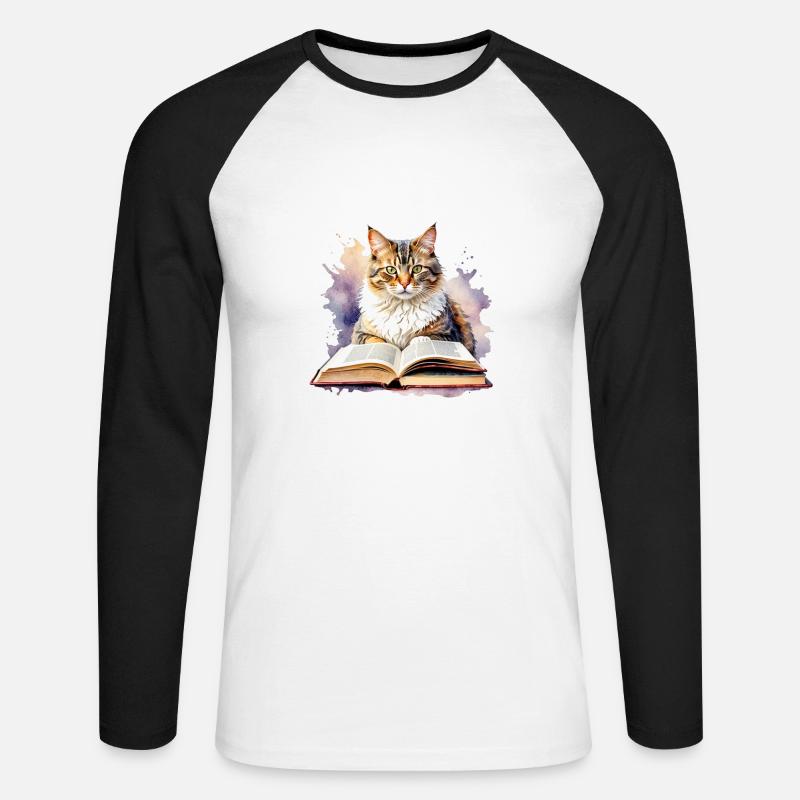 Gatto con libro - Maglia da baseball a manica lunga da uomo - bianco/nero