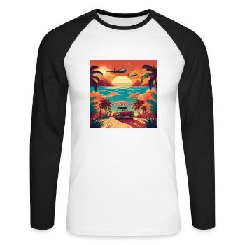 Vintage Beach Sunset with Red Car and Planes - Unisex Long Sleeve Baseball T-Shirt - white/black - Front - Nik (191cm)
