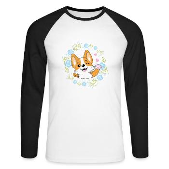 Agitant un chien Corgi heureux dans une couronne de fleurs - T-shirt baseball manches longues Homme - blanc/noir - Devant - Nik (191cm)