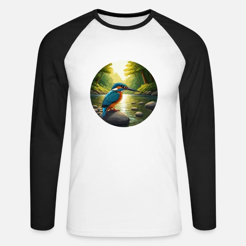 Eisvogel sitzt am Bach - Unisex Baseballshirt langarm - Weiß/Schwarz