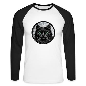 Motif mystérieux de chat noir – graphisme unique - T-shirt baseball manches longues Homme - blanc/noir - Devant - Nik (191cm)