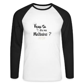 Veux tu être ma marraine - T-shirt baseball manches longues Homme - blanc/noir - Devant - Nik (191cm)